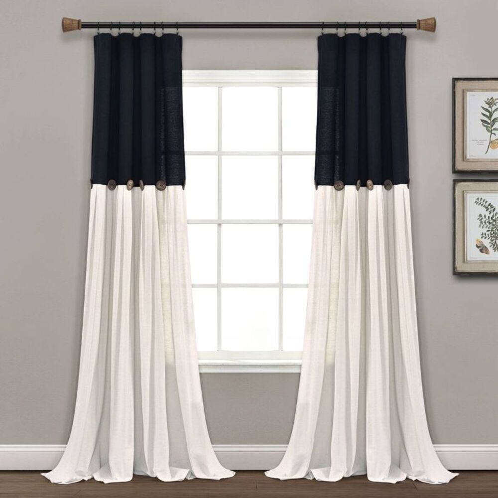 Lush Decor - 84"x40" Farmhouse Linen Button Light Filtering Win Black